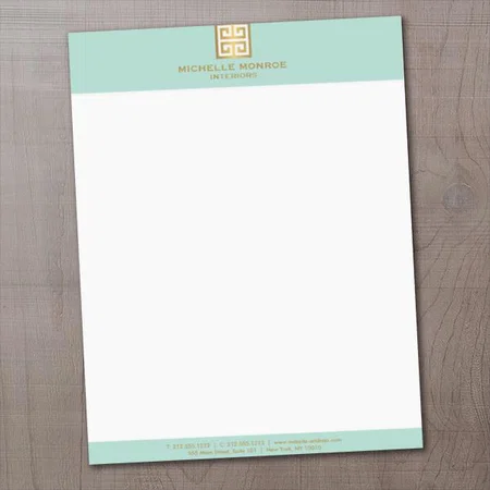 Elegant Gold Greek Key on Mint Interior Designer Customized Printed Letterheads