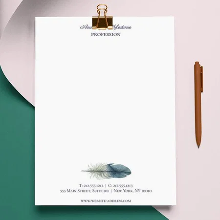 Hand Drawn Blue Gray Watercolor Feather Customized Printed Letterheads