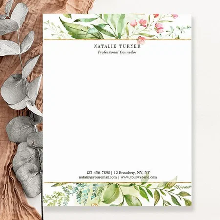 Green Watercolor Wild Floral Customized Printed Letterheads