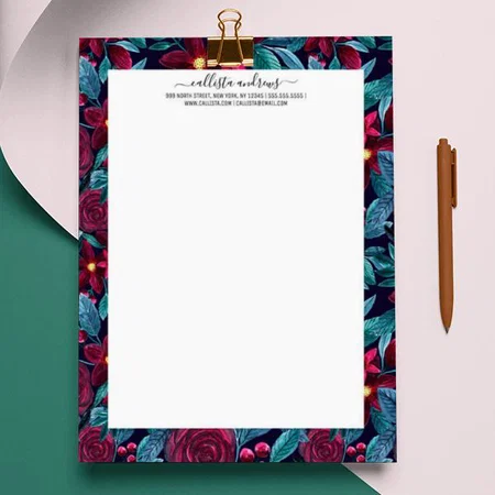 Elegant Navy Burgundy Christmas Floral Watercolor Customized Printed Letterheads