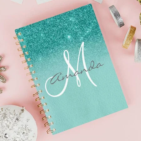 Turquoise Monogram Customized Photo Printed Notebook
