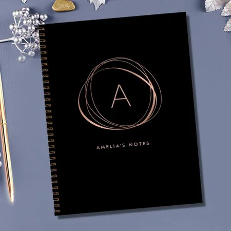 Black and Faux Rose Gold Monogram Customized Photo Printed Notebook