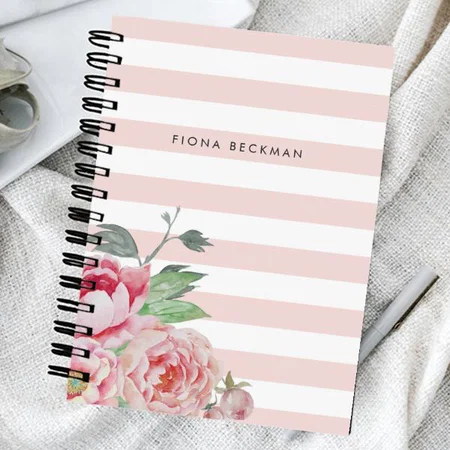 Pink Watercolor Peony & Blush Stripe Customized Photo Printed Notebook