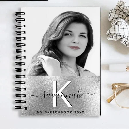 Sketchbook Silver Custom Photo Script Monogram Customized Photo Printed Notebook