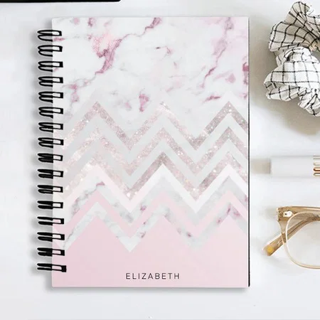 Rose Gold Glitter Chevron Pink Marble Monogram Customized Photo Printed Notebook