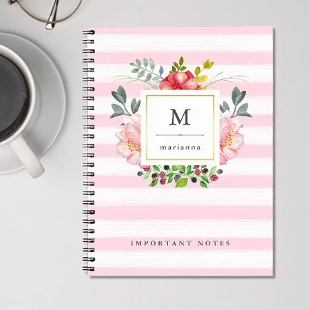 Pretty Pink Peony Watercolor Flowers with Stripes Customized Photo Printed Notebook