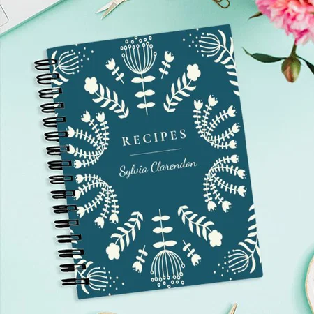Teal Blue Folk Flowers Customized Photo Printed Notebook