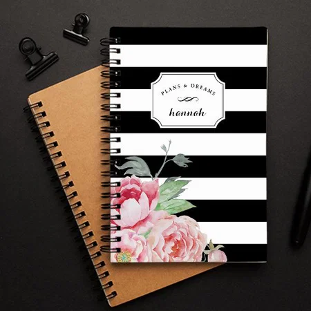 Black & White Peony Floral Stripe Customized Photo Printed Notebook