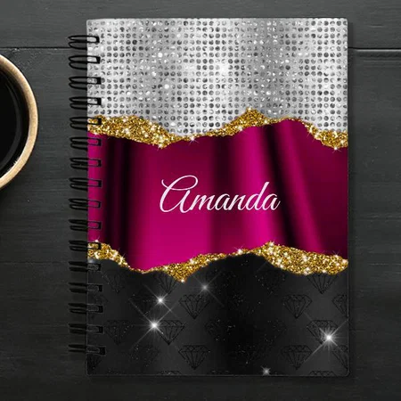 Chic Faux Silver Glitter Fuchsia Black Monogram Customized Photo Printed Notebook