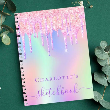 Sketchbook Glitter Drips Holographic Unicorn Pink Customized Photo Printed Notebook