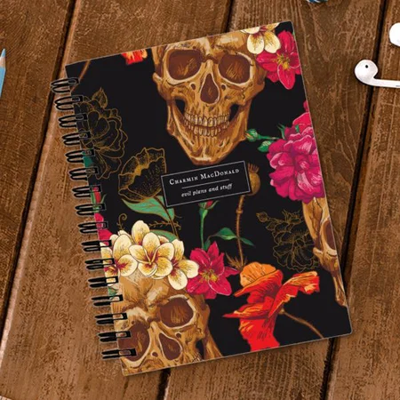 Elegant Dark Floral Skulls on Black Customized Photo Printed Notebook