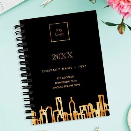 Gold City Skyline Black Business with Logo Customized Photo Printed Notebook