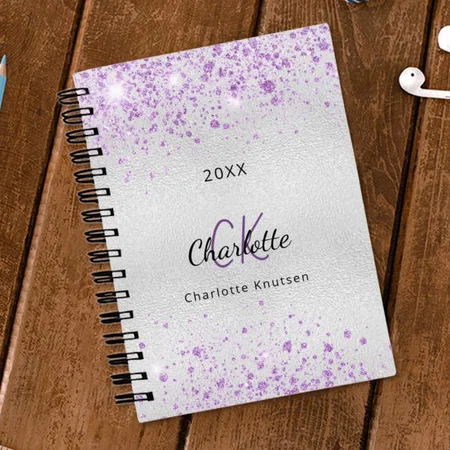 Silver Purple Glitter Dust Mame Monogram Metal Customized Photo Printed Notebook