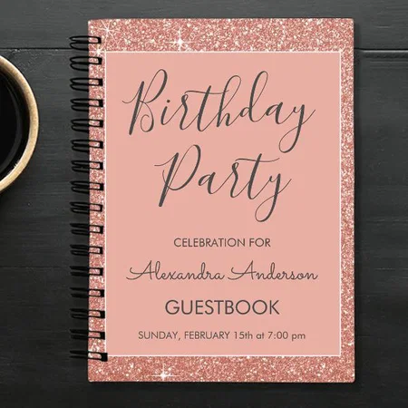Rose Gold Sparkle Glitter Birthday Party Guestbook Customized Photo Printed Notebook