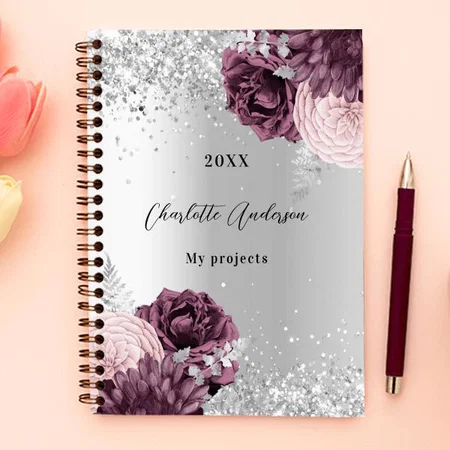 Silver Burgundy Florals Elegant Glamorous Customized Photo Printed Notebook