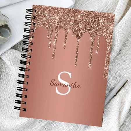 Rose Gold Glitter Sparkle Drip Monogram Customized Photo Printed Notebook