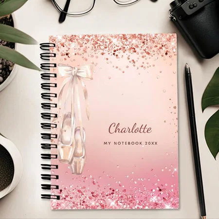 Rose Gold Pink Glitter Ballet Dance Monogram Customized Photo Printed Notebook