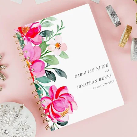 Bright Pink Watercolor Floral Customized Photo Printed Notebook
