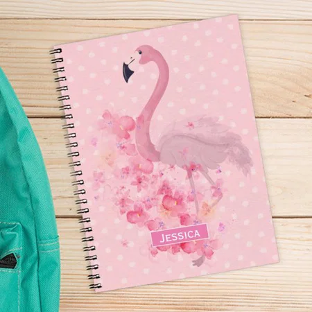 Pink Watercolor Flamingo Floral and Dots Customized Photo Printed Notebook