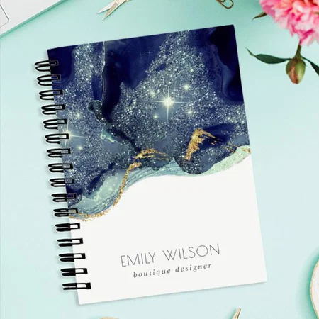 Abstract Alcohol Ink Silver Navy Blue Glitter Customized Photo Printed Notebook