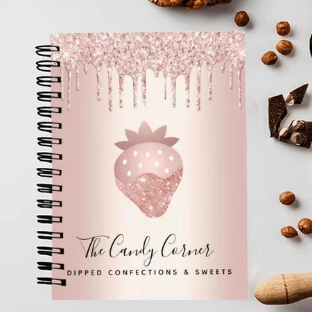 Rose Gold Glitter Drips Strawberry Design Customized Photo Printed Notebook