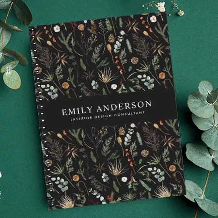 Black Modern Botanical Elegant Contemporary Customized Photo Printed Notebook