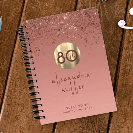 80th Birthday Rose Gold Glitter Guestbook Customized Photo Printed Notebook