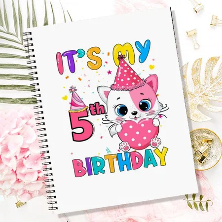 It'S My 5Th Birthday Girl with Cat Design Customized Photo Printed Notebook