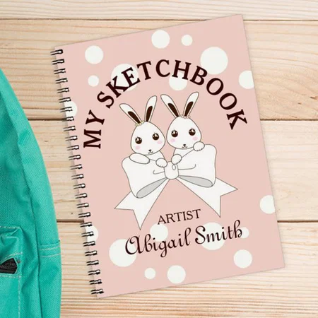 Pastel Pink Cute Twin Bunny Kids Customized Photo Printed Notebook