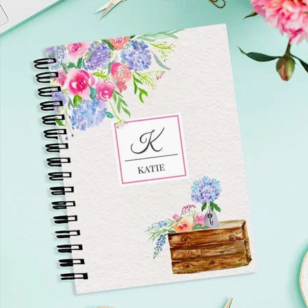 Watercolor Pastel Roses Monogram Customized Photo Printed Notebook
