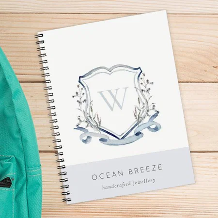 Pastel Blue Wildflower Watercolor Crest Monogram Customized Photo Printed Notebook