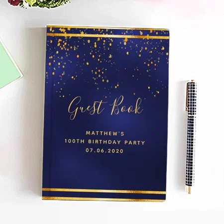 Birthday Party Dark Blue Gold Guest Customized Photo Printed Notebook