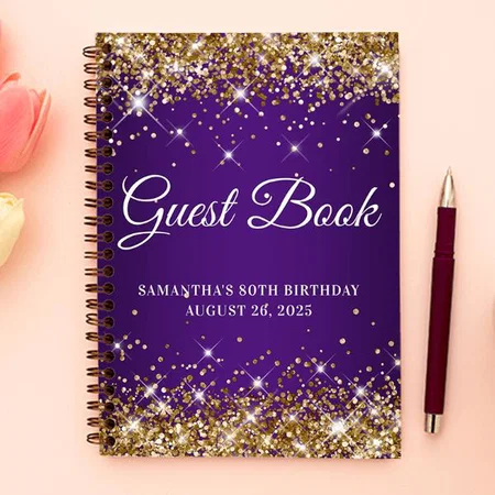 Gold Glitter Royal Purple 80th Birthday Guestbook Customized Photo Printed Notebook