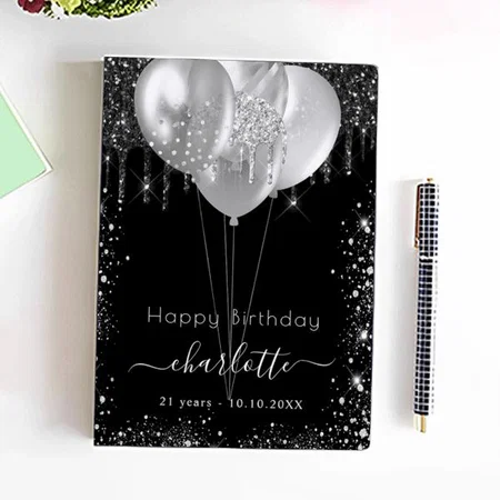 Birthday Black Silver Glitter Design Customized Photo Printed Notebook