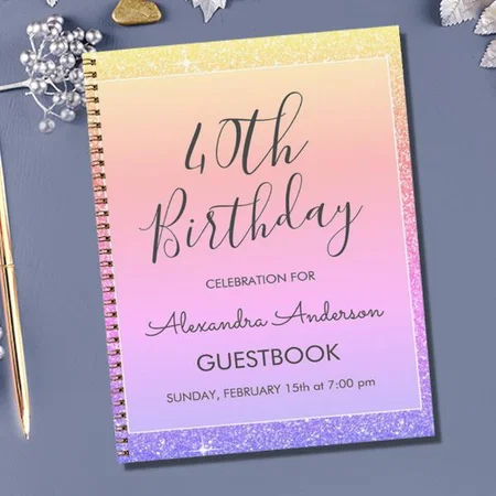 Pink Purple Glitter Birthday Customized Photo Printed Notebook