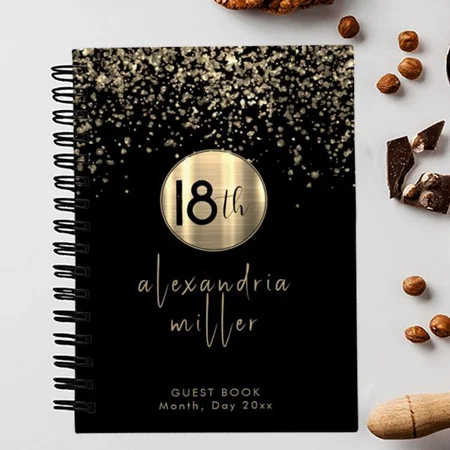 Black Gold Glitter Birthday  Customized Photo Printed Notebook