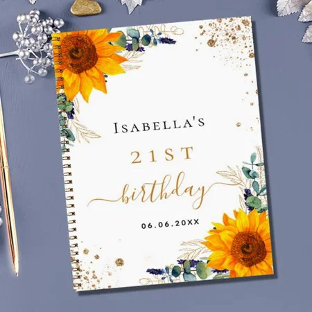 Guest Book Birthday Sunflowers Eucalyptus Customized Photo Printed Notebook