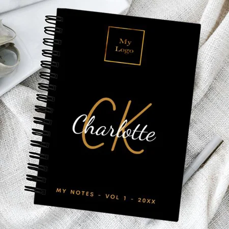 Logo Black Gold Monogram Customized Photo Printed Notebook