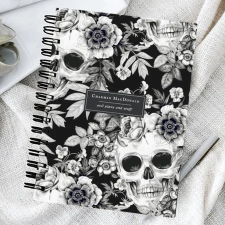 Elegant Dark Floral Skulls on Black Customized Photo Printed Notebook