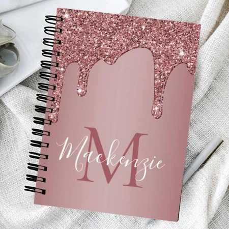 Girly Rose Gold Sparkle Glitter Drips Monogram Customized Photo Printed Notebook