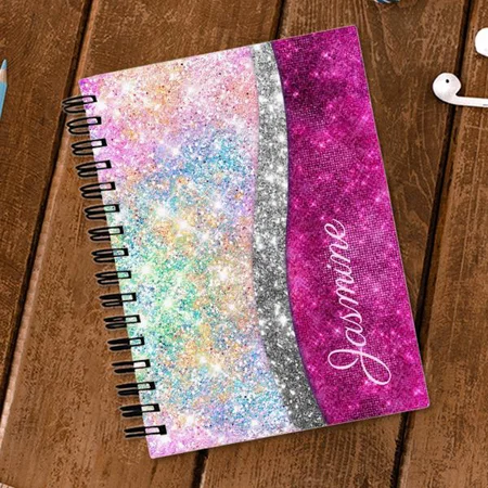 Cute Iridescent Pink Silver Faux Glitter Monogram Customized Photo Printed Notebook