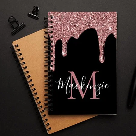 Black Rose Gold Sparkle Glitter Drips Monogram Customized Photo Printed Notebook