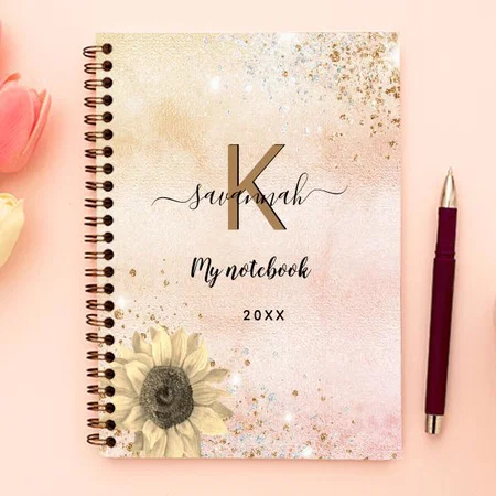 Sunflower Rose Gold Glitter Monogram Customized Photo Printed Notebook