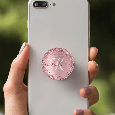 Blush Pink Brush Metal Glitter Monogram Customized Printed Phone Grip Holder Sockets