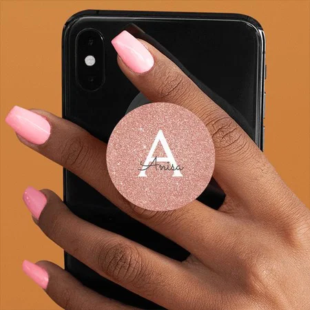 Pink Rose Gold Glitter Sparkle Monogram Customized Printed Phone Grip Holder Sockets