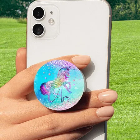 Cute Unicorn Pink Glitter Rainbow Aqua Monogram Customized Printed Phone Grip Holder Sockets