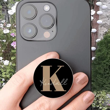 Modern Script Gold Monogram Black Customized Printed Phone Grip Holder Sockets