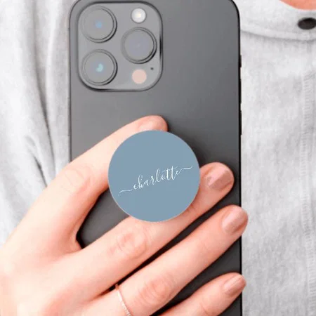Elegant Dusty Blue Script Name Customized Printed Phone Grip Holder Sockets