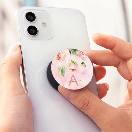 Blush Pink Rose Floral Watercolor Name Monogram Customized Printed Phone Grip Holder Sockets