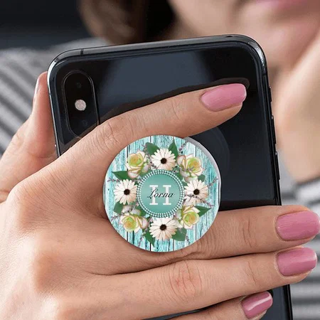 Rustic Floral Barn Wood Monogram Customized Printed Phone Grip Holder Sockets